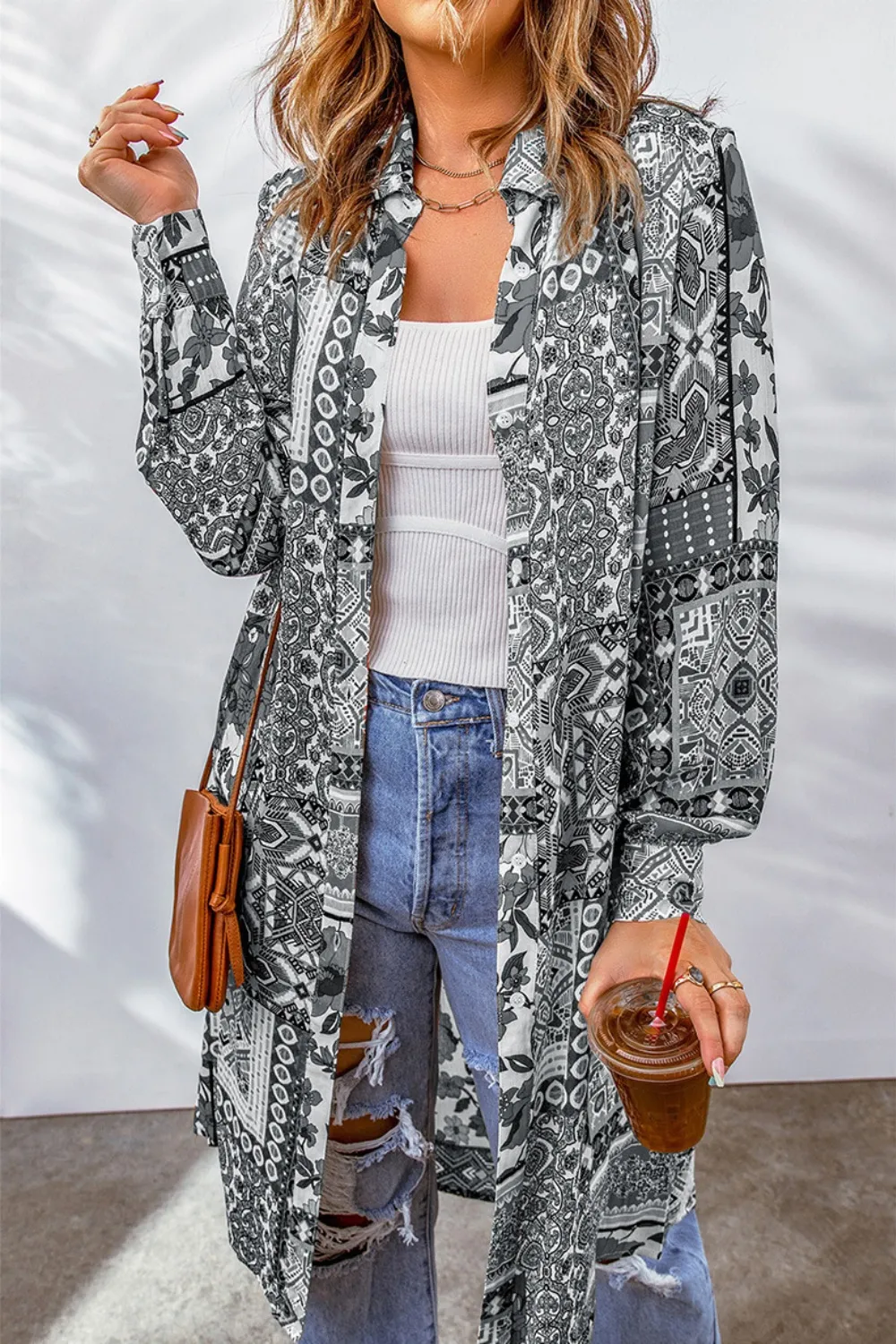 Printed Button Up Long Sleeve Cardigan, image 11