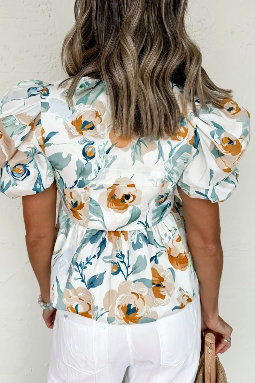 Floral Print Puff Sleeve V Neck Babydoll Blouse, image 5