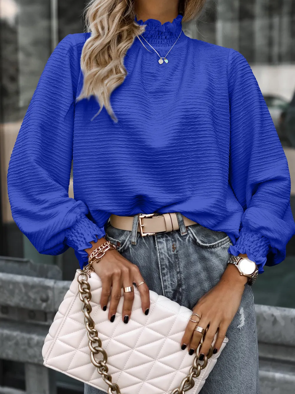 Smocked Frill Mock Neck Long Sleeve Blouse, image 11