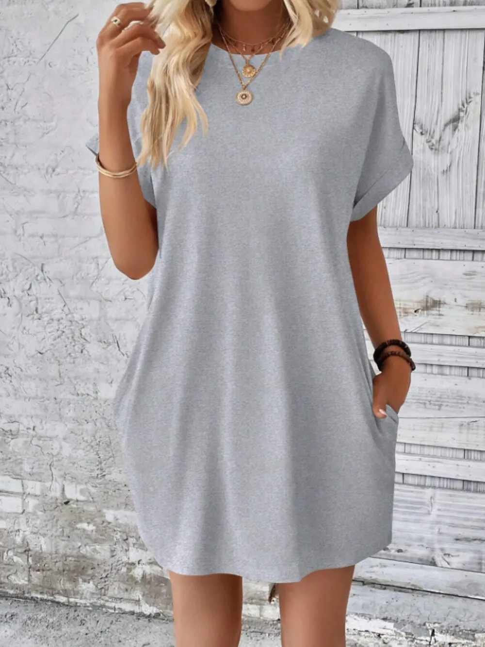 Round Neck Short Sleeve Mini Tee Dress with Pockets, image 8