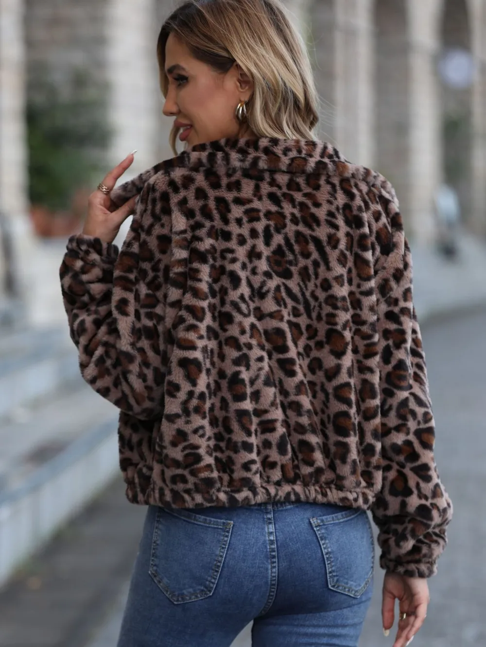 Leopard Collared Neck Zip Up Jacket, image 2