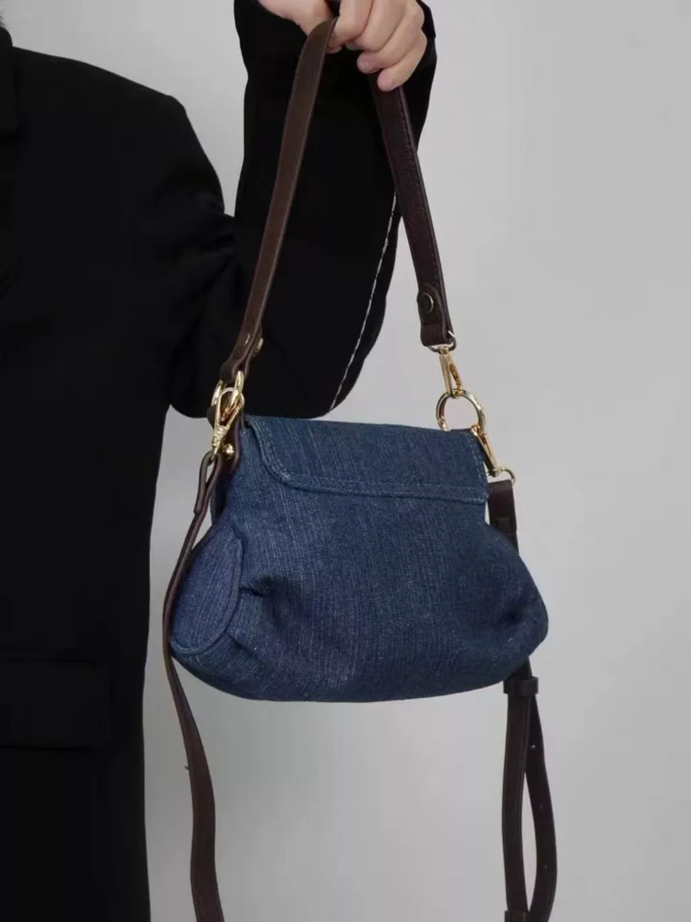 Denim Flap Shoulder Bag with Golden Clasp, image 6