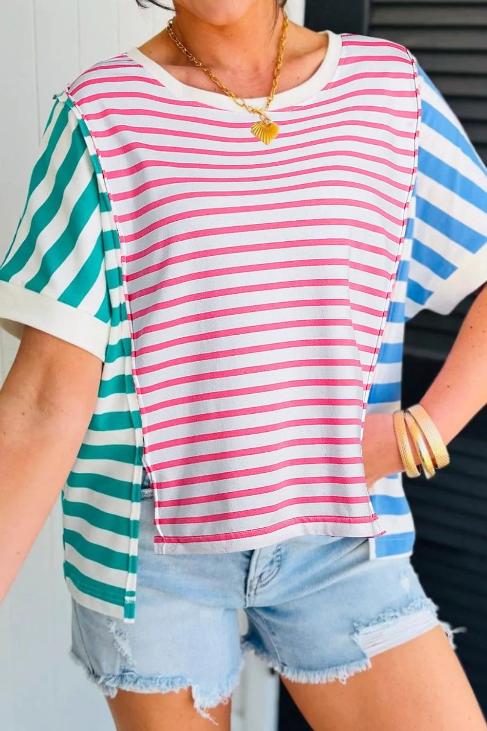 Color Block Striped Batwing Sleeve T-Shirt, image 5