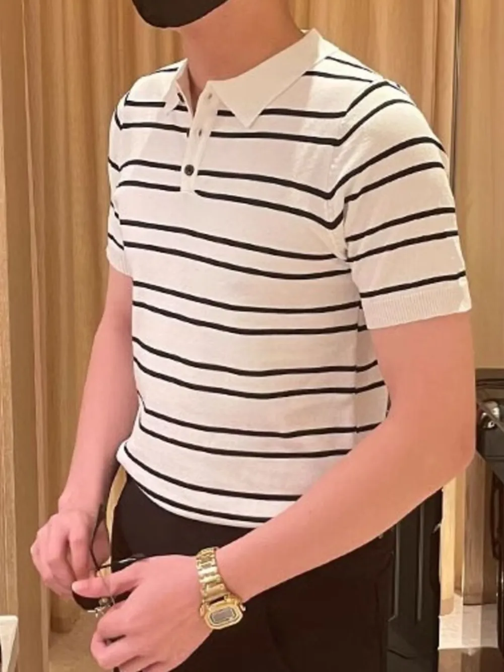 Men's Full Size Striped Button Detail Short Sleeve Polo Plus Size, image 2