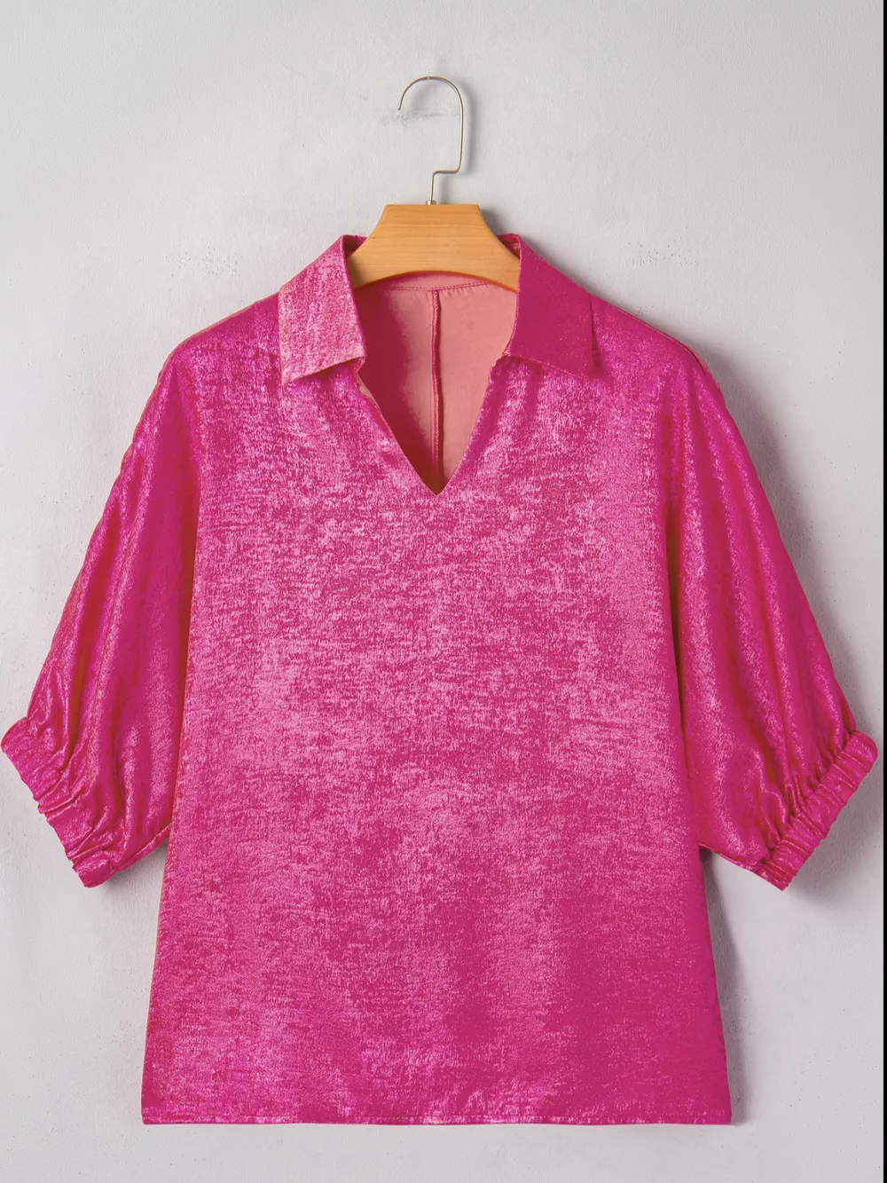 Collared V Neck Half Sleeve Metallic Top, image 4