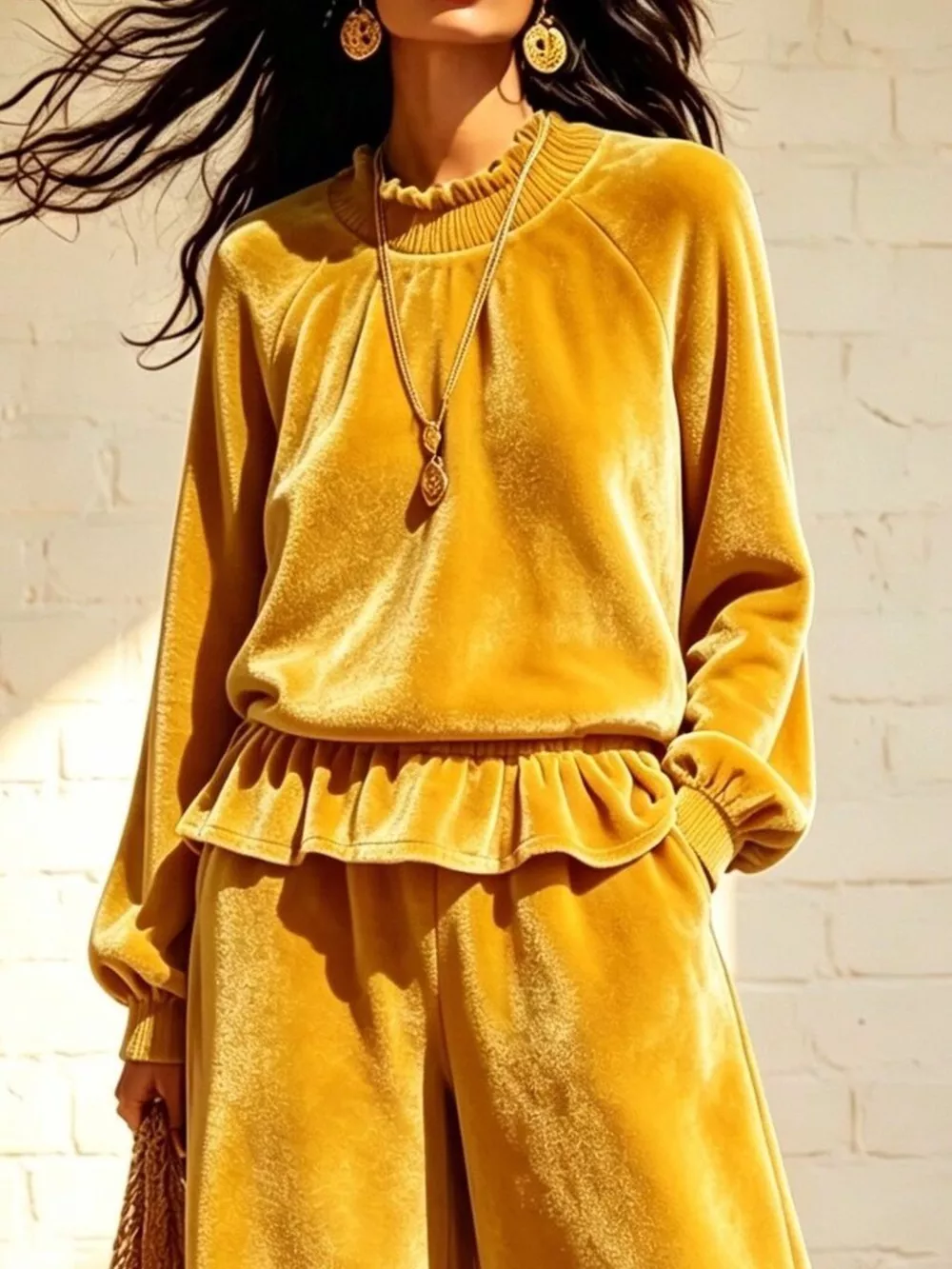Velvet Peplum Top and Wide-Leg Pants Set, image 5