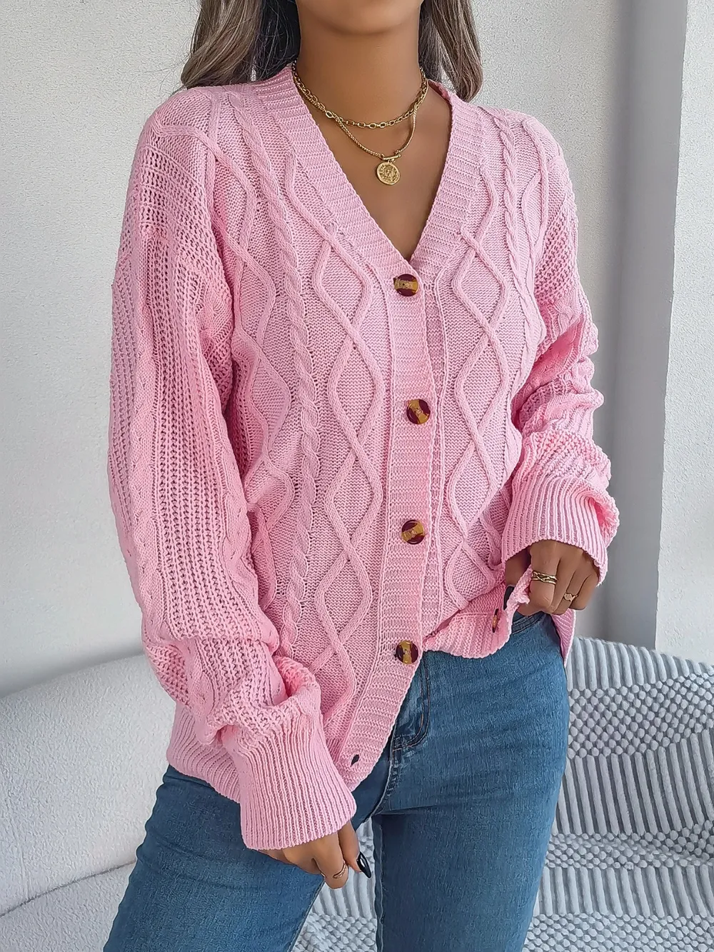 Cable-Knit Long Sleeve Cardigan, image 3