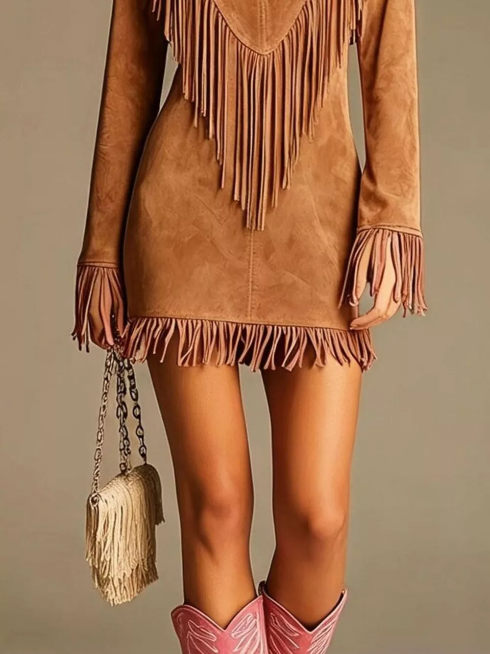 Boho Chic Fringed Suede V-Neck Mini Dress, image 2