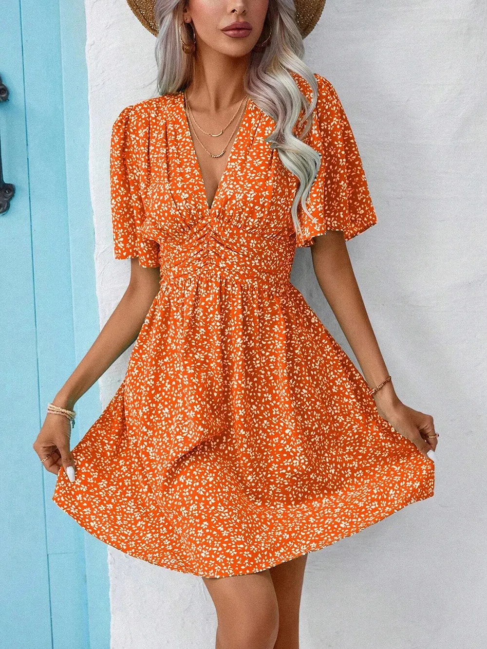 Printed V-Neck Half Sleeve Mini Dress, image 20
