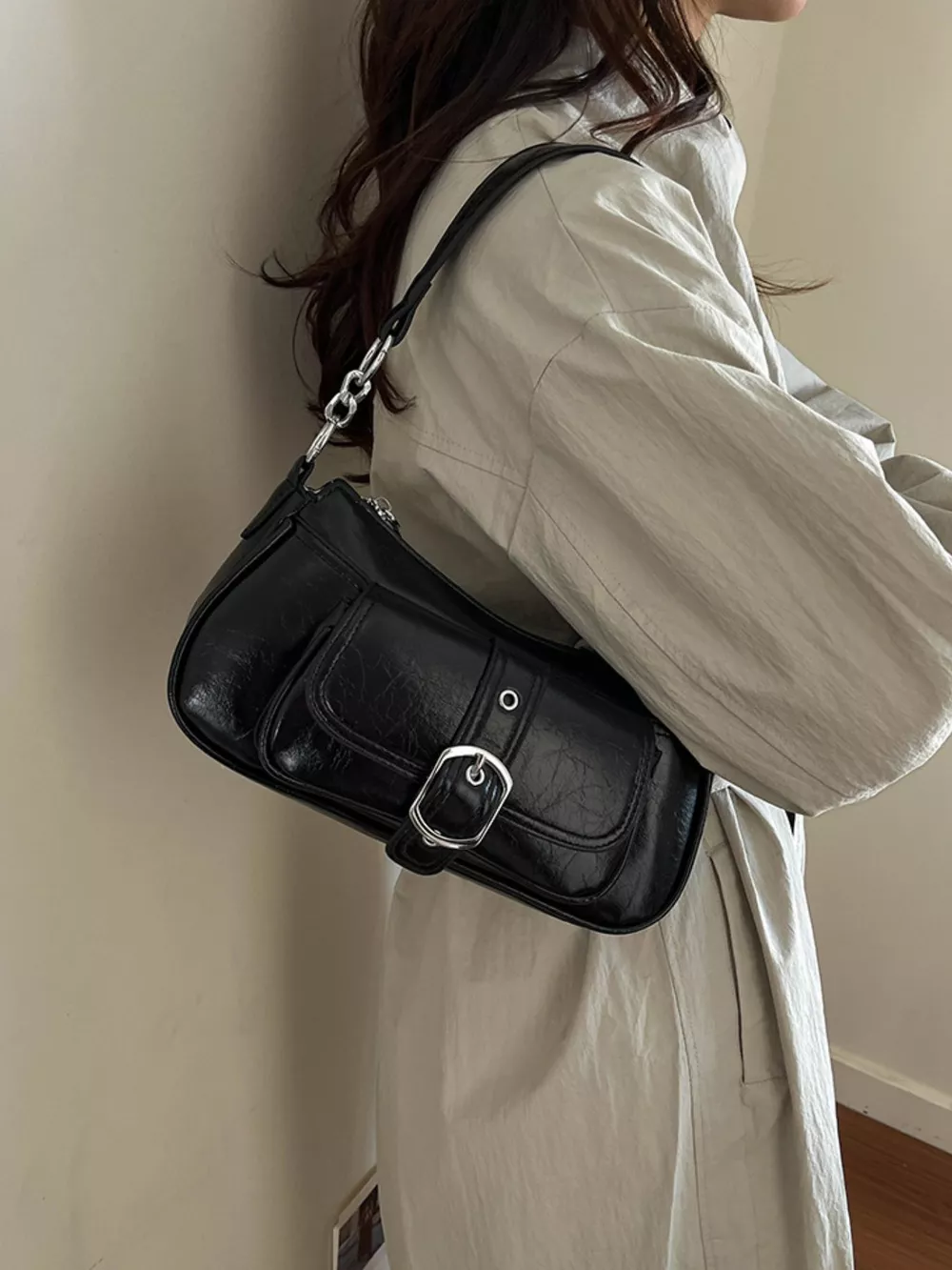 Buckle Detail Faux Leather Crossbody Bag, image 3