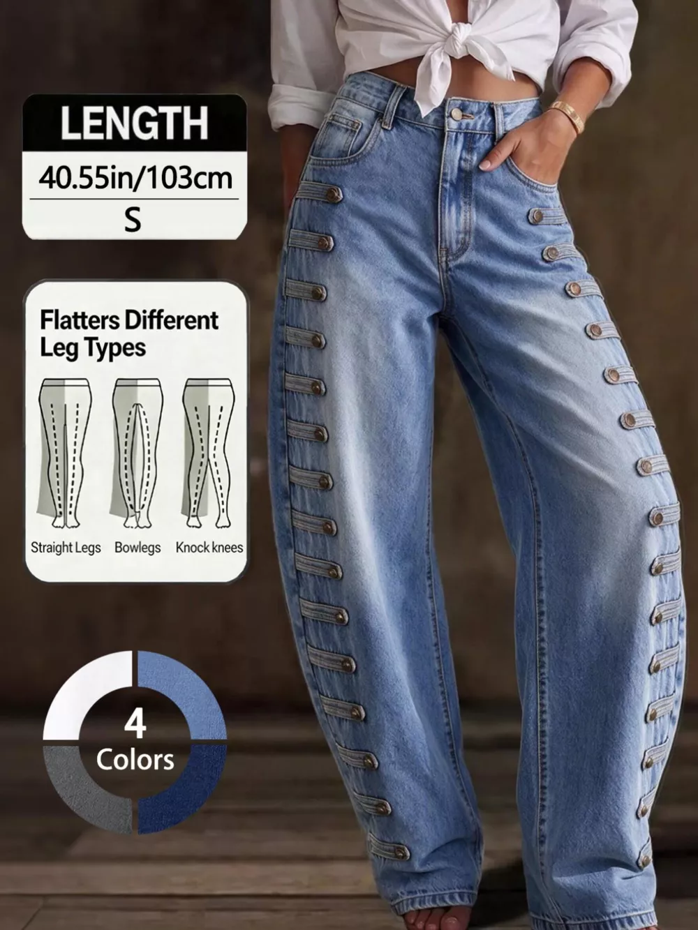 Decorative Button Wide Leg Jeans, image 19