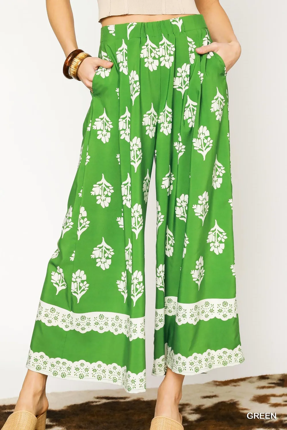 Floral Pleated Wide-Leg Pants