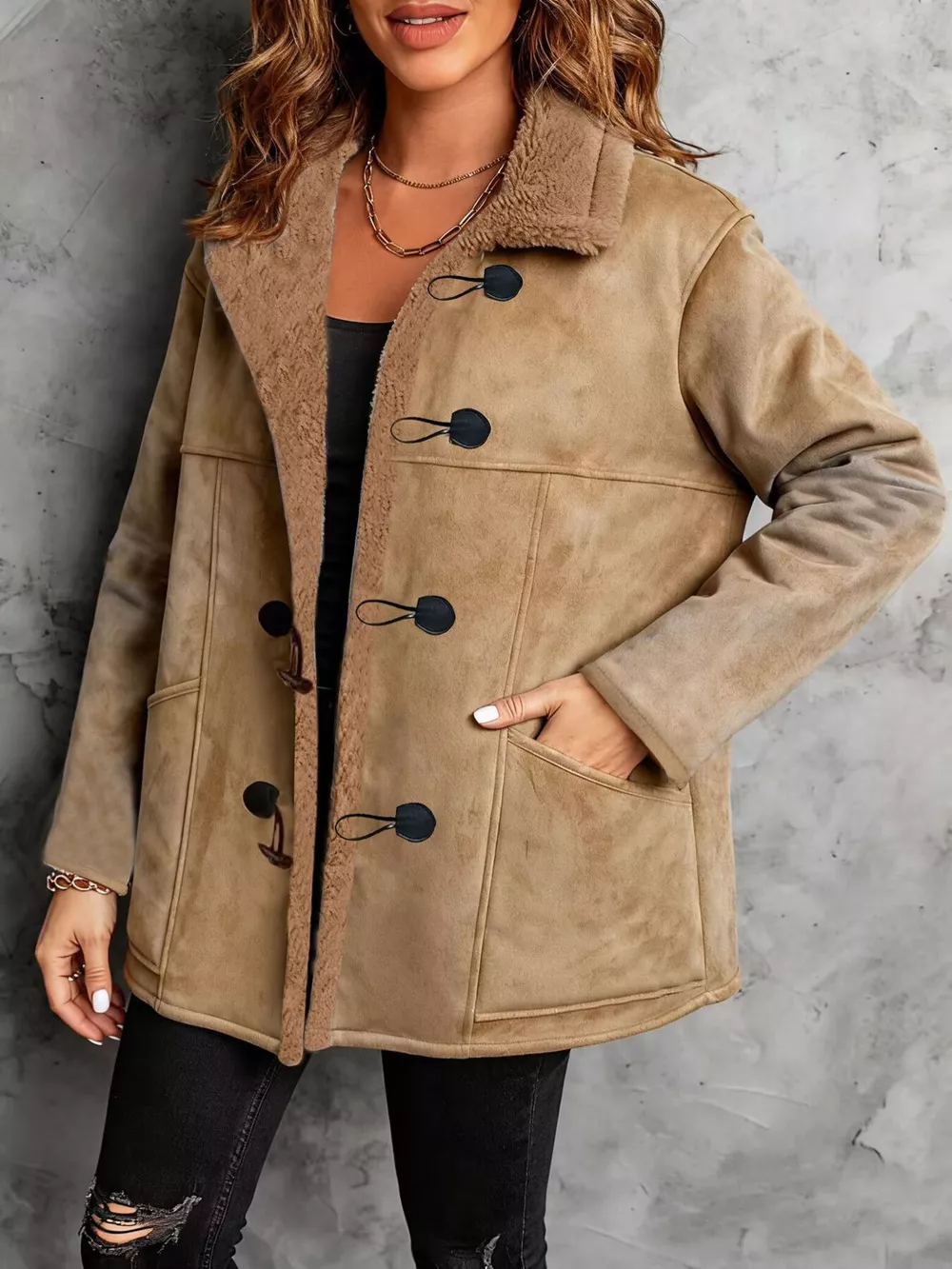 Faux Suede Sherpa Lined Toggle Coat, image 4