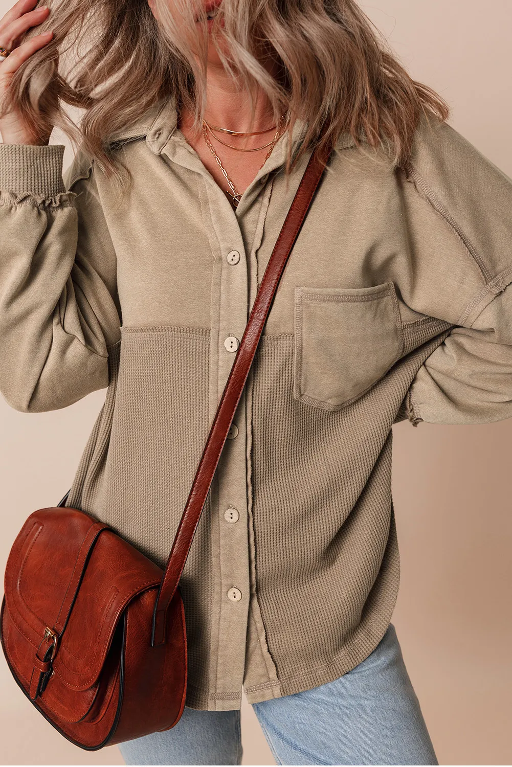 Waffle-Knit Collared Neck Long Sleeve Shacket, image 6