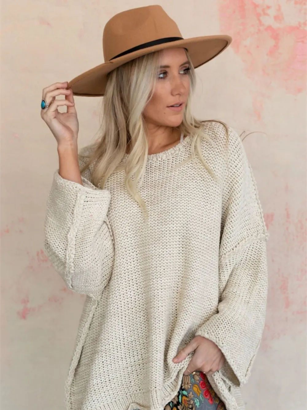 Round Neck Oversized Knit Top with Relaxed Fit, image 5