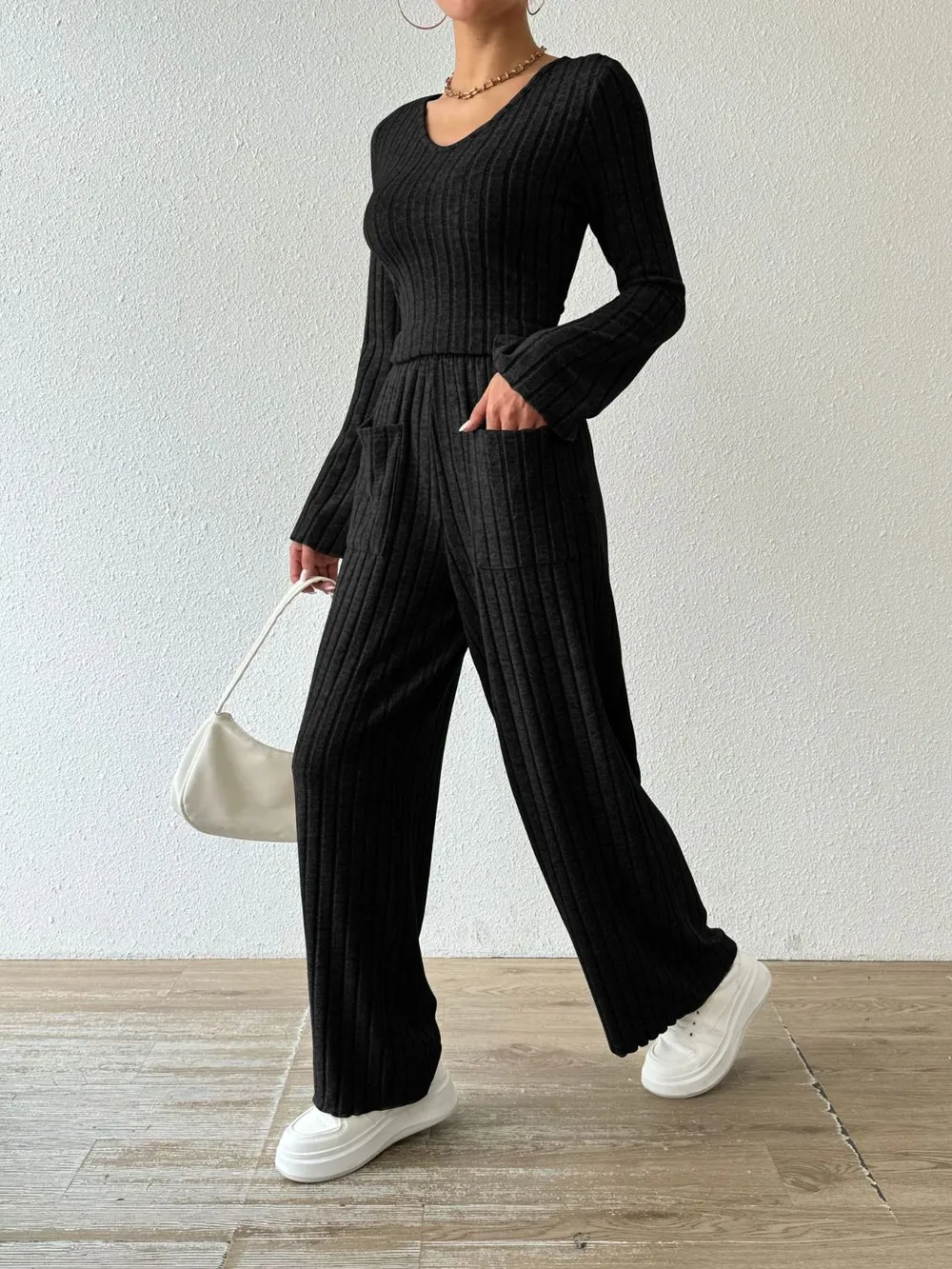 Ribbed V-Neck Long Sleeve Top and Pocketed Pants Set, image 12