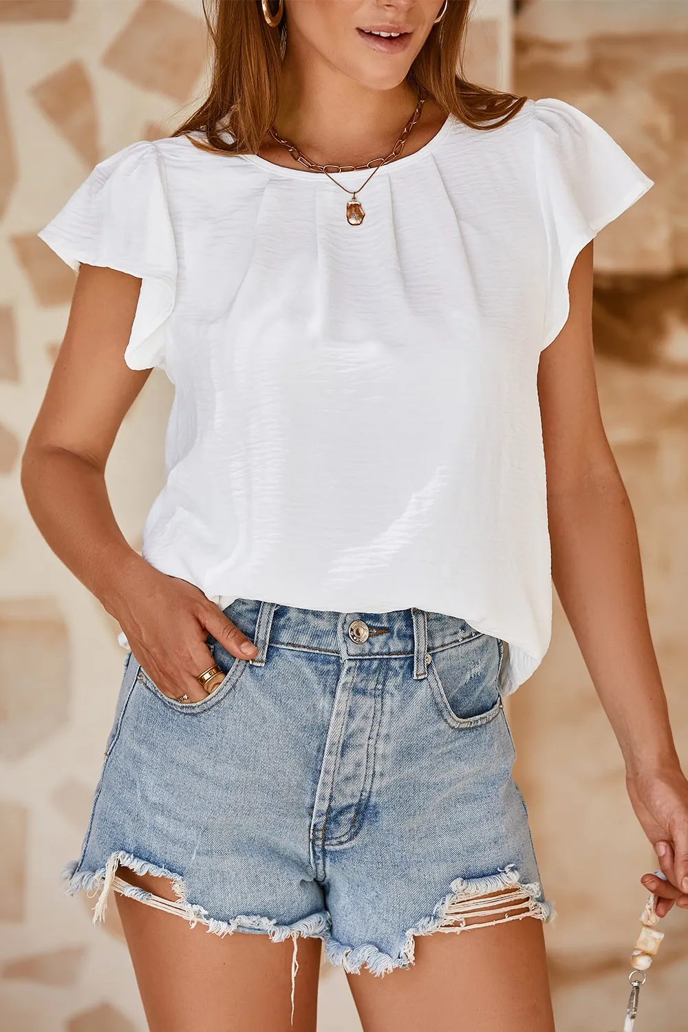 Ruffle Sleeve Round Neck Casual Blouse, image 7