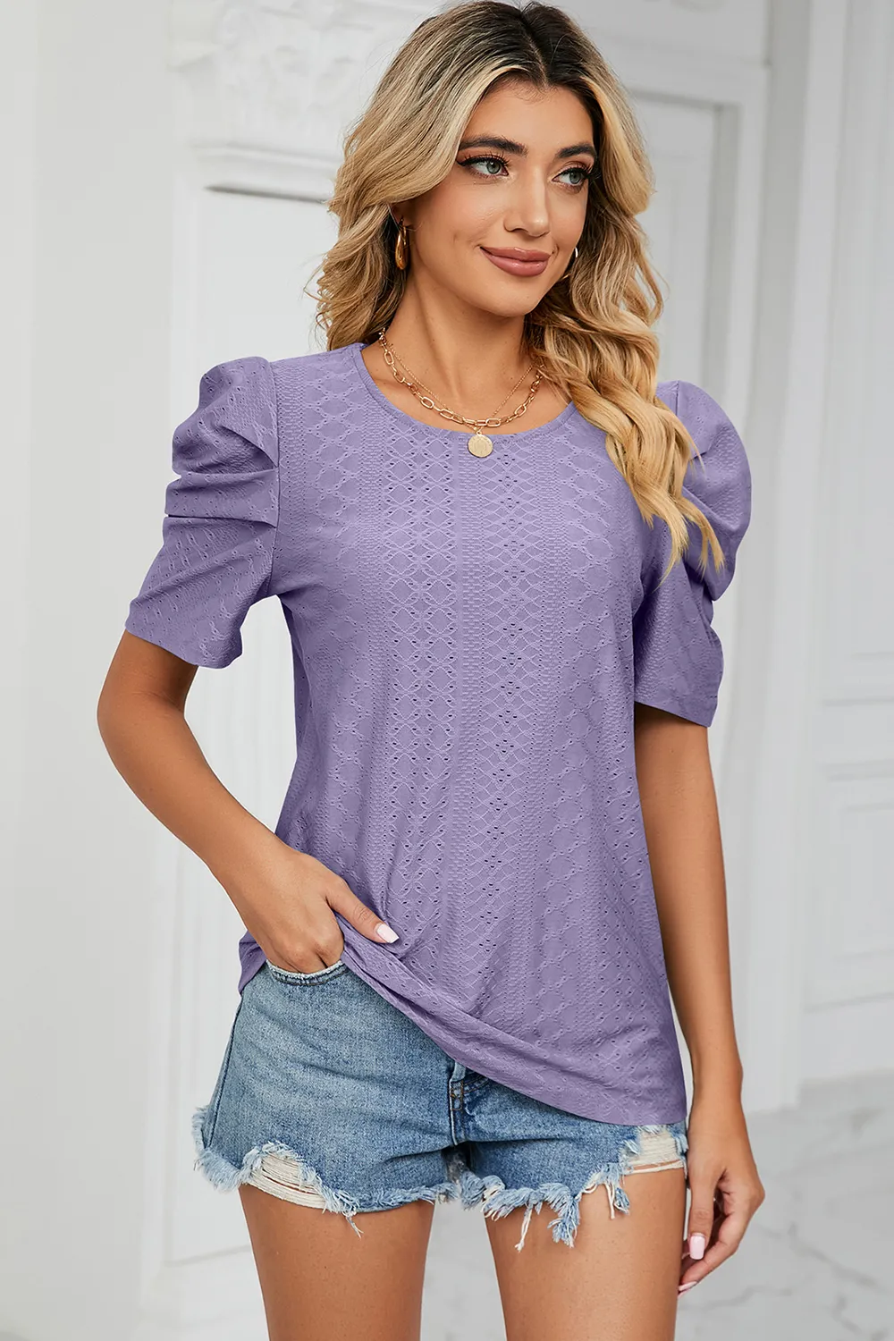 Eyelet Round Neck Puff Sleeve T-Shirt, image 20