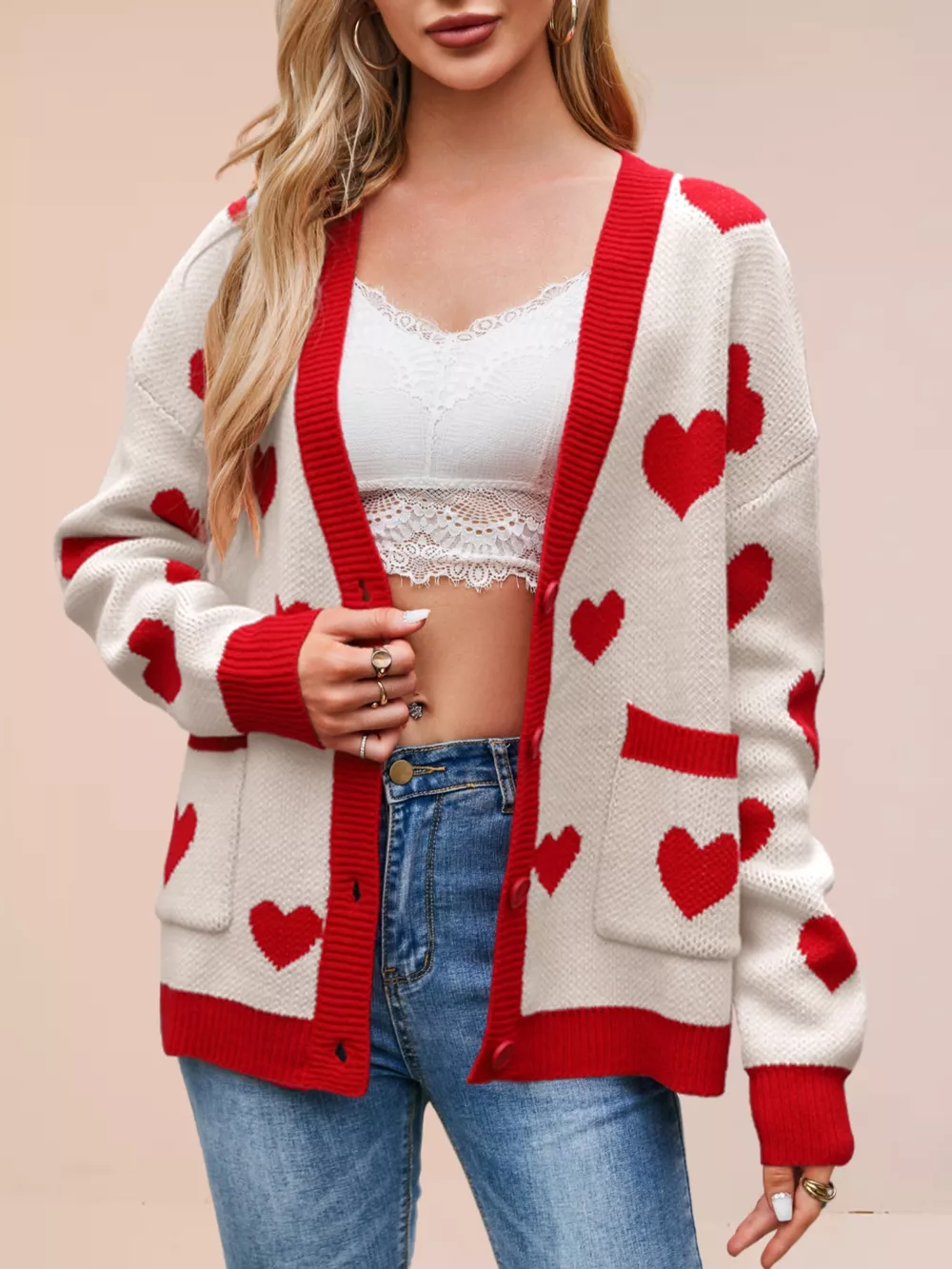 Heart Pattern Button-Up Knit Cardigan, image 8