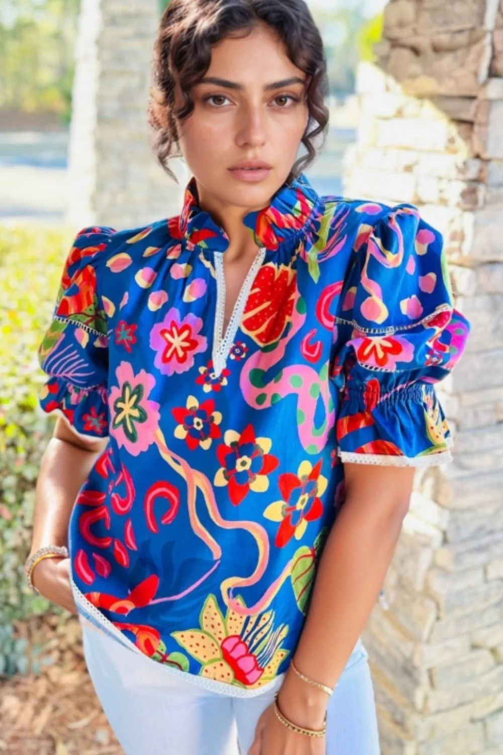 Abstract Print Frilled Collar Ruffled Puff Short Sleeve Top, image 6