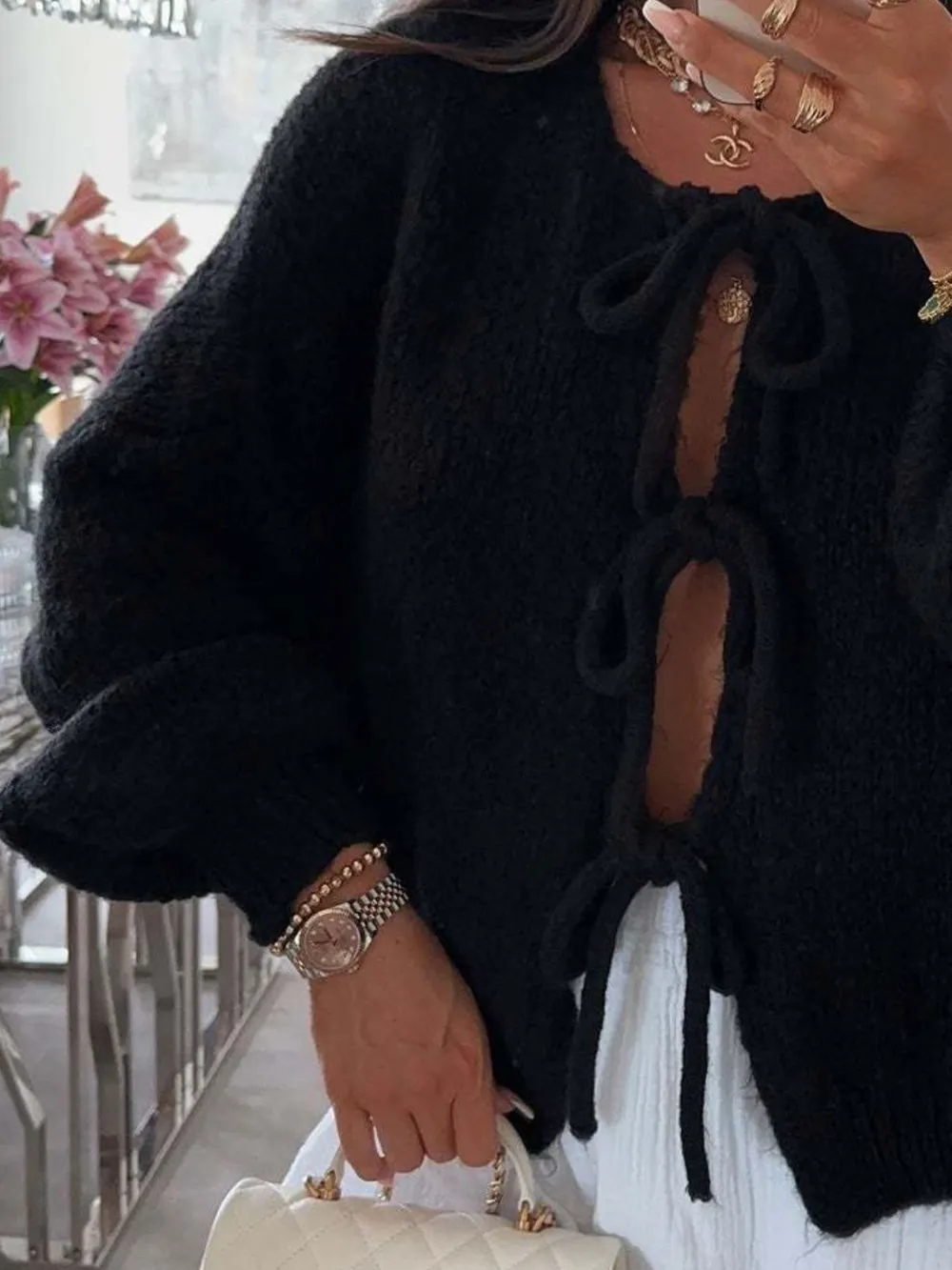 Cozy Bow-Tie Front Knit Cardigan, image 16