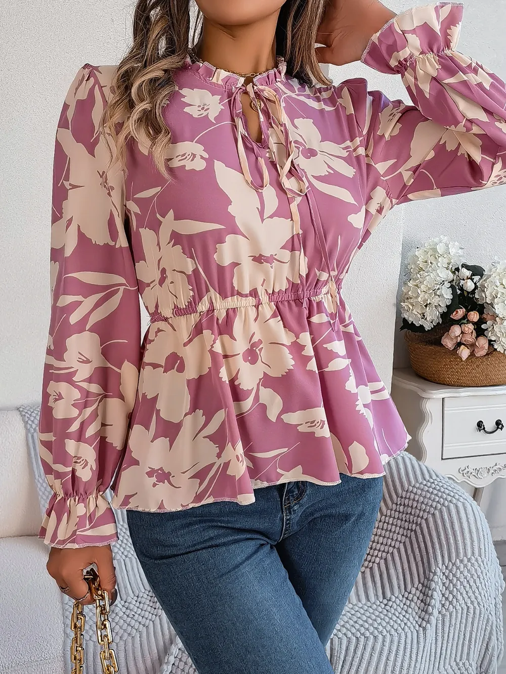 Printed Tie Neck Flounce Sleeve Blouse, image 2