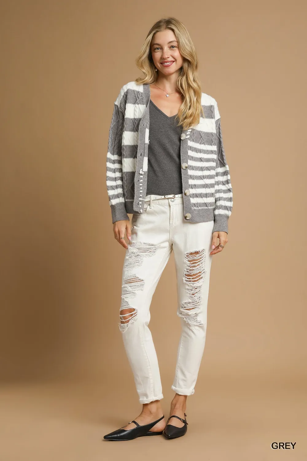 Cable-Knit Stripe Button-Up Cardigan, image 3
