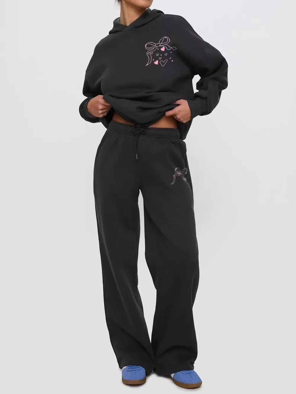 Bow and Heart Dropped Shoulder Hoodie and Pants Set