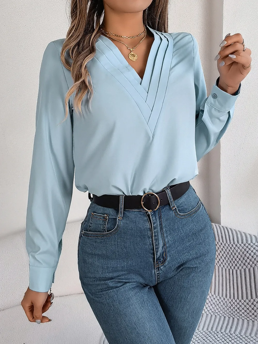 V-Neck Long Sleeve Blouse, image 12