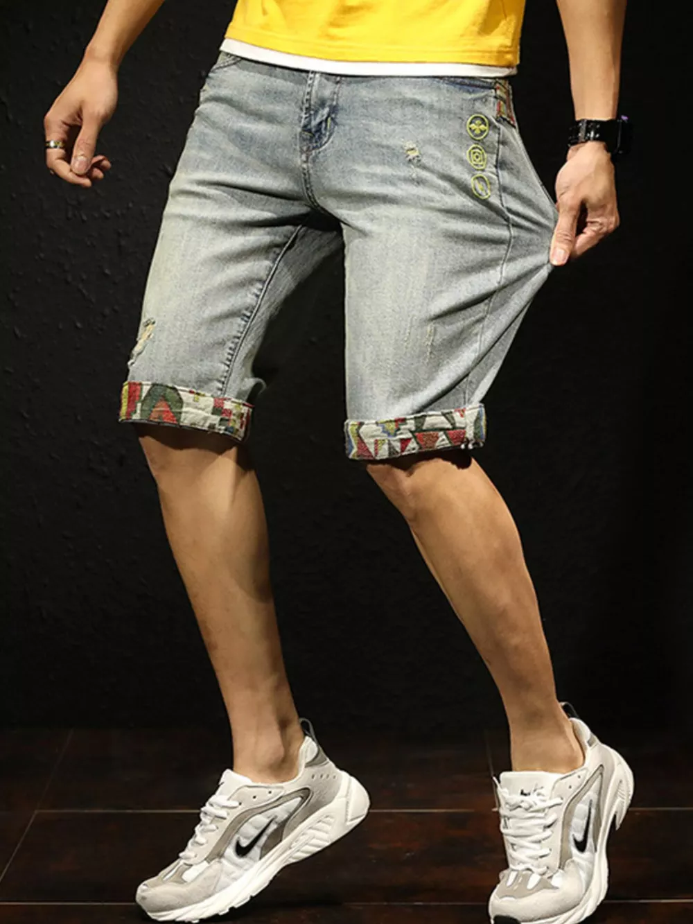 Men's Wash Denim Shorts with Rolled Cuffs, image 2