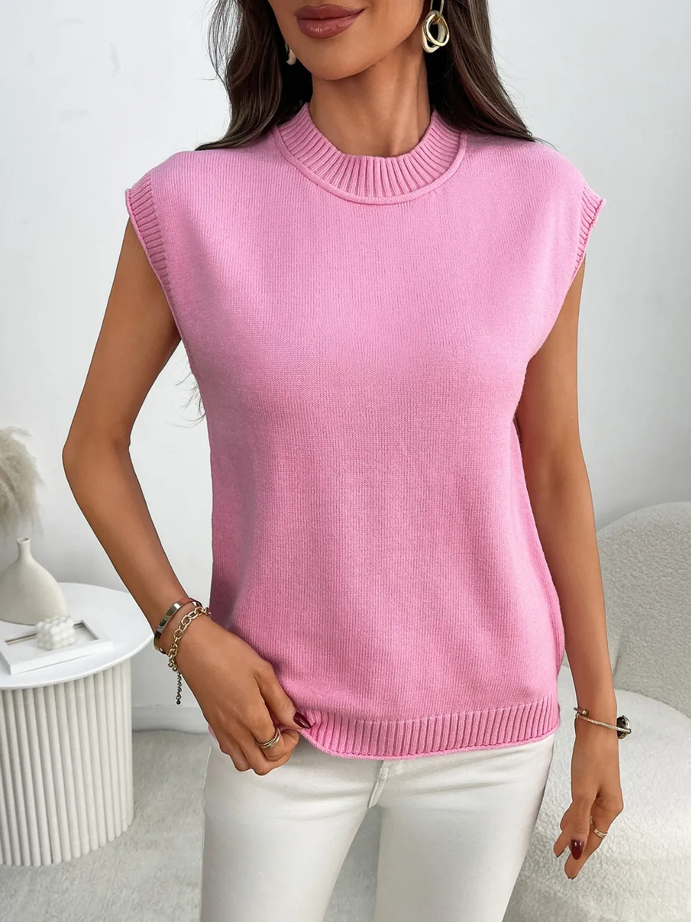 Mock Neck Cap Sleeve Knit Top, image 4