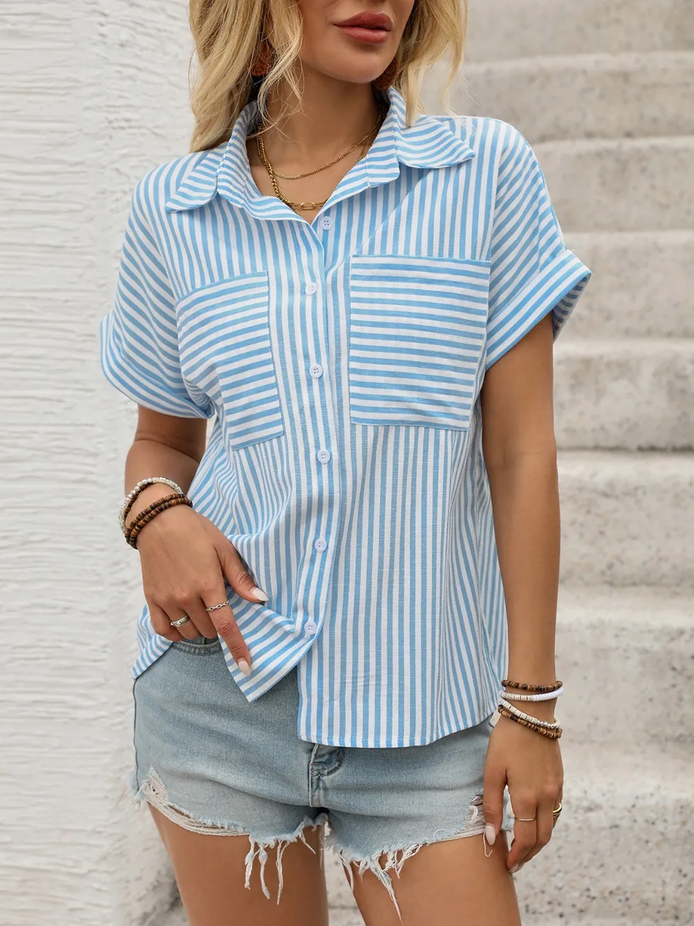 Striped Collared Neck Short Sleeve Shirt, image 3