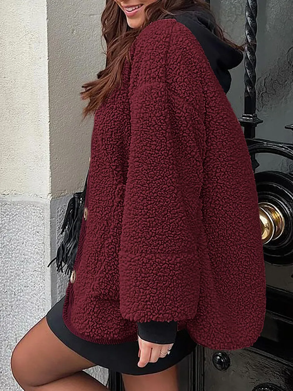 Contrast Button Up Sherpa Jacket with Pockets, image 22