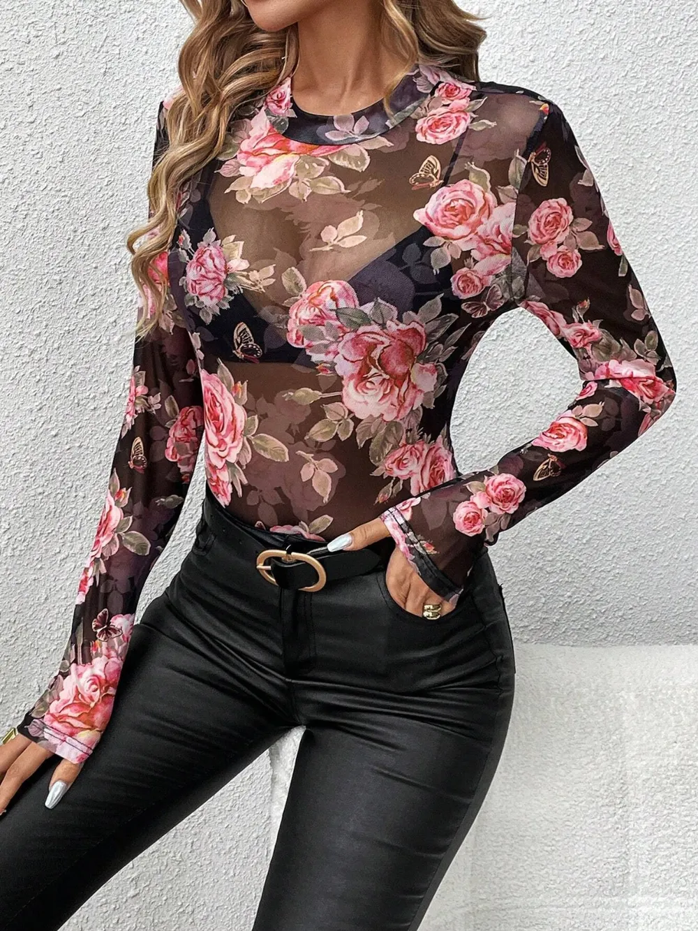 Mesh Floral Mock Neck Long Sleeve Top, image 5