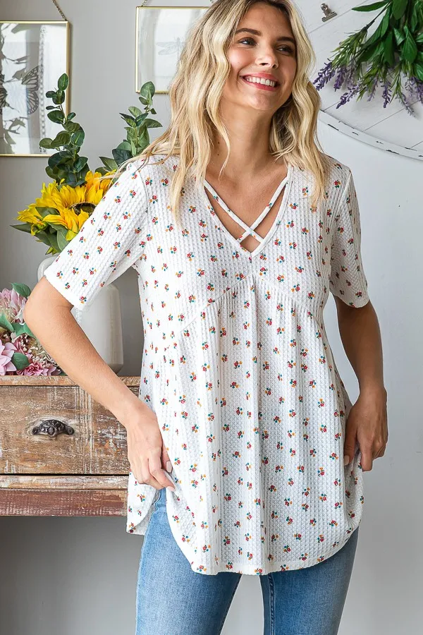 Full Size Crisscross Ditsy Floral Babydoll Top Plus Size, image 10