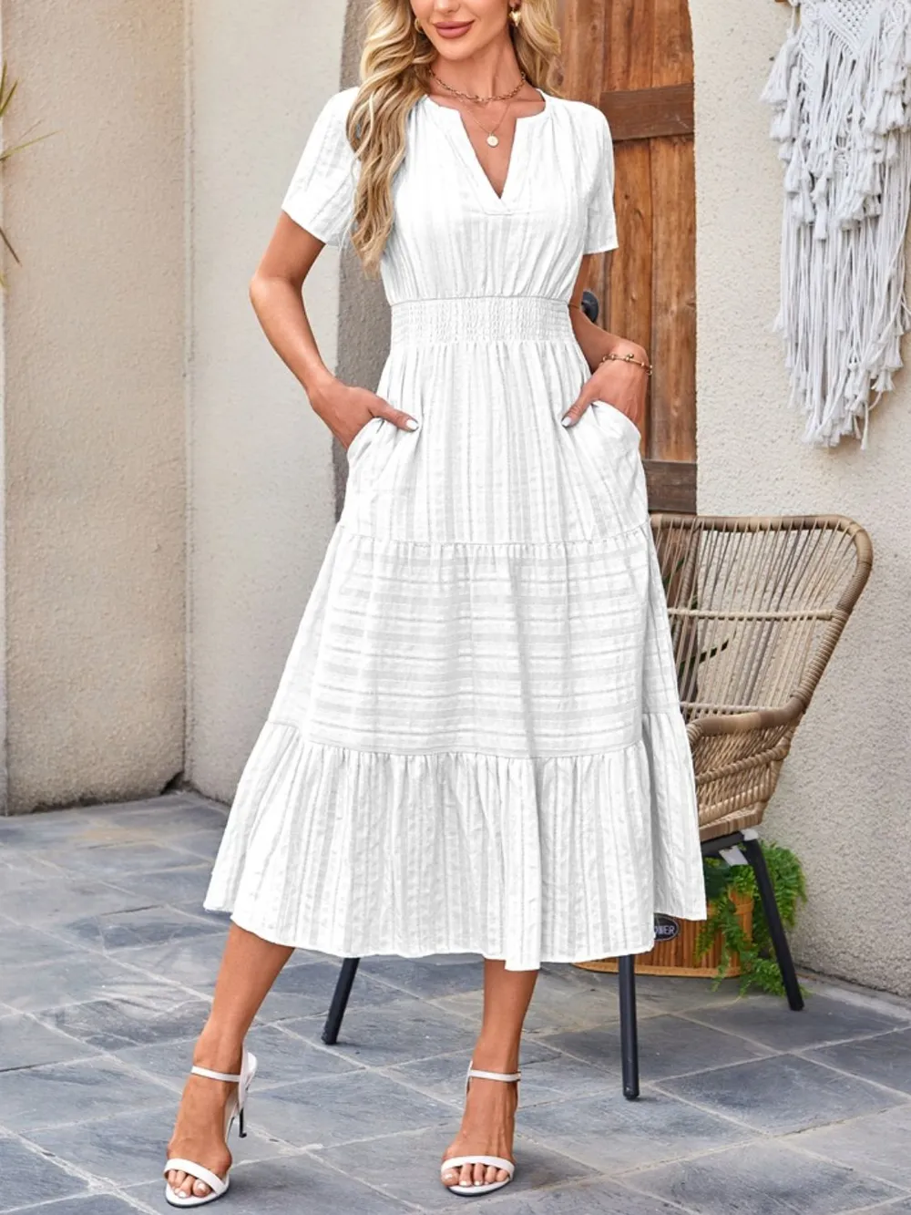 Tiered Notched Short Sleeve Dress, image 13