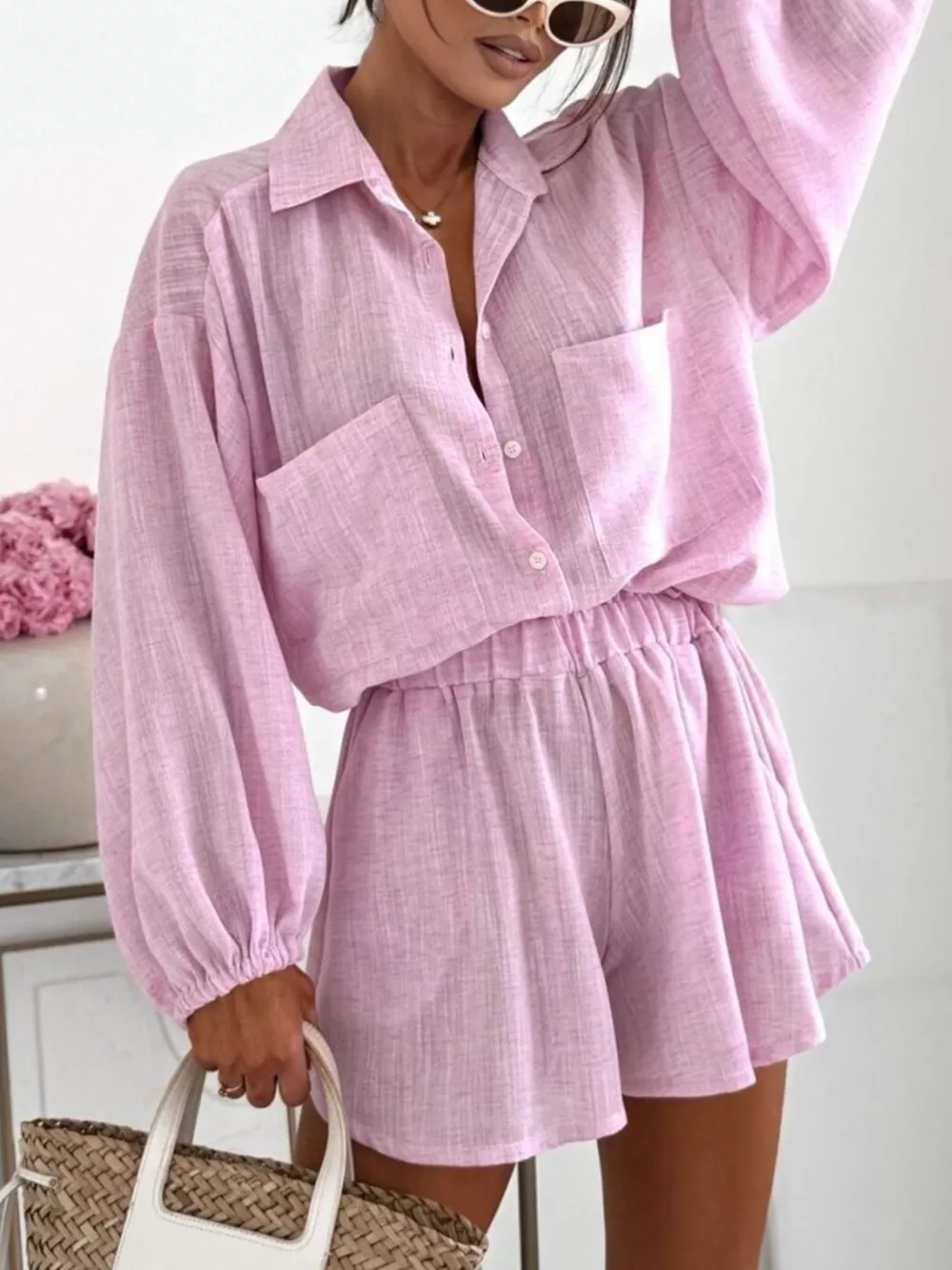 Long Sleeve Shirt and High-Waisted Shorts Set, image 12