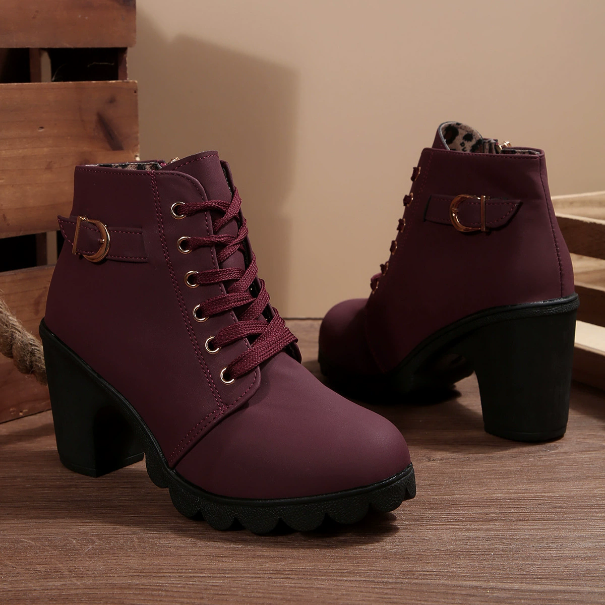 Lace-Up Buckle Chunky Heel Ankle Boots, image 6