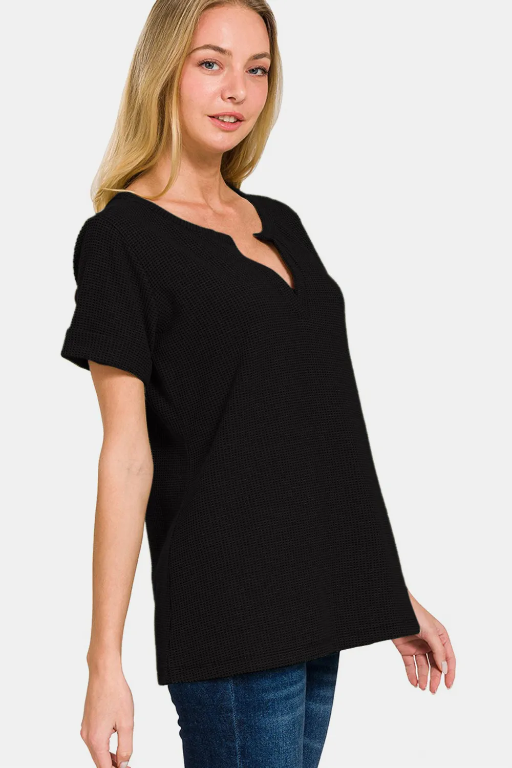 Notched Short Sleeve Waffle T-Shirt, image 3