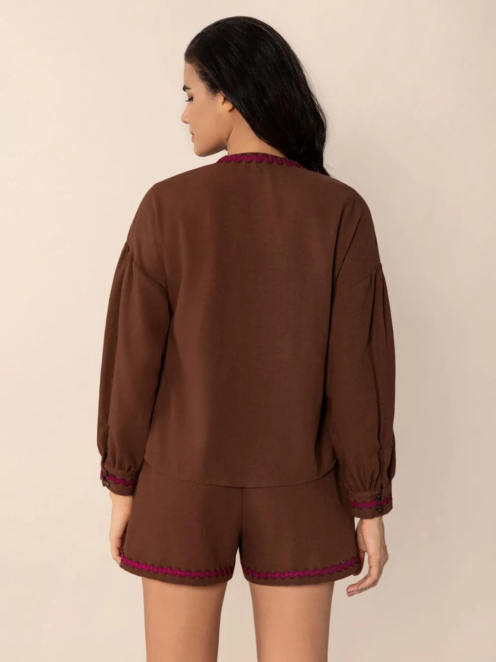 Tied V-Neck Long Sleeve Top and Shorts Set, image 2