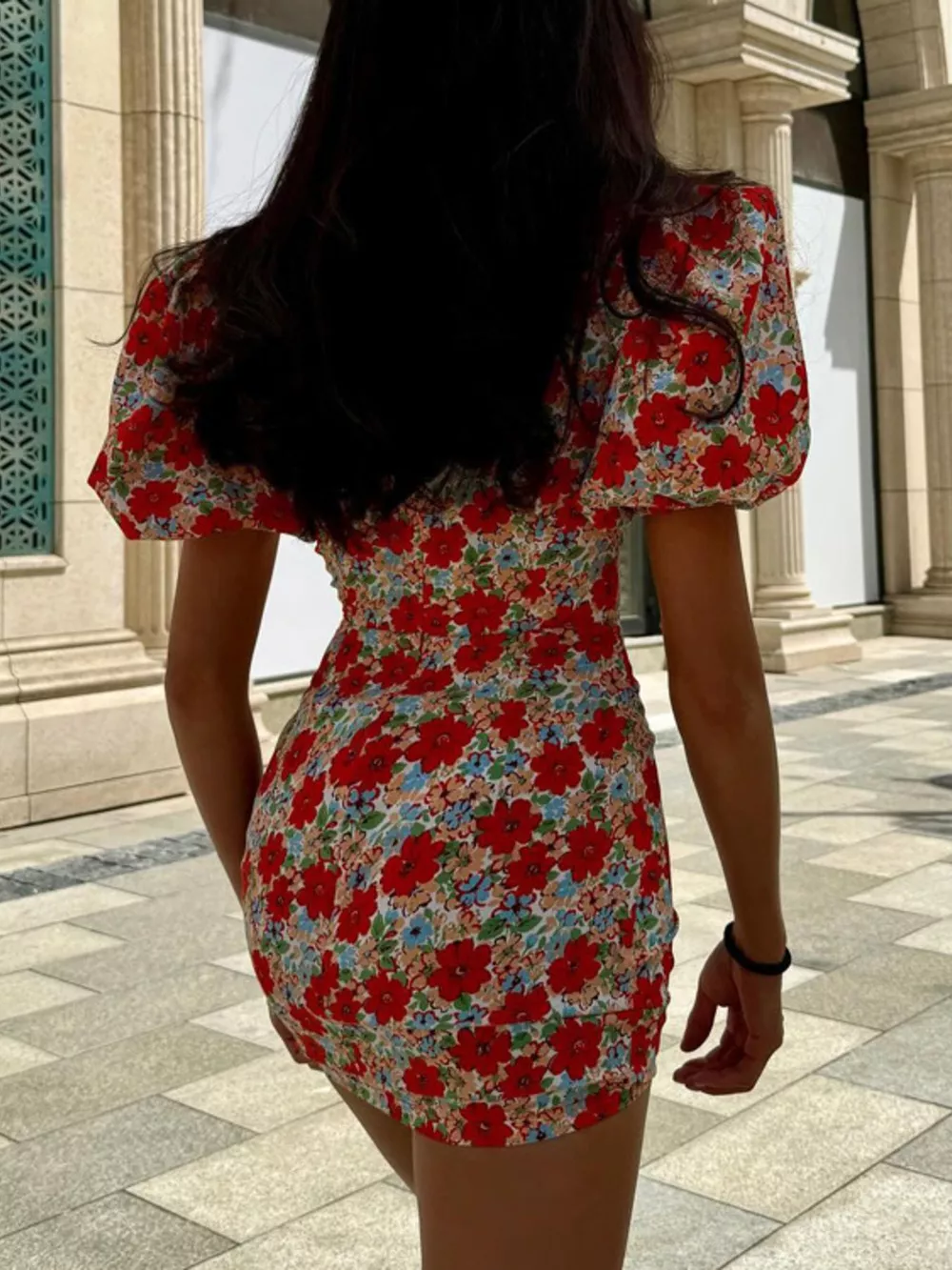Ruched Floral Print Puff Sleeve Mini Dress, image 4
