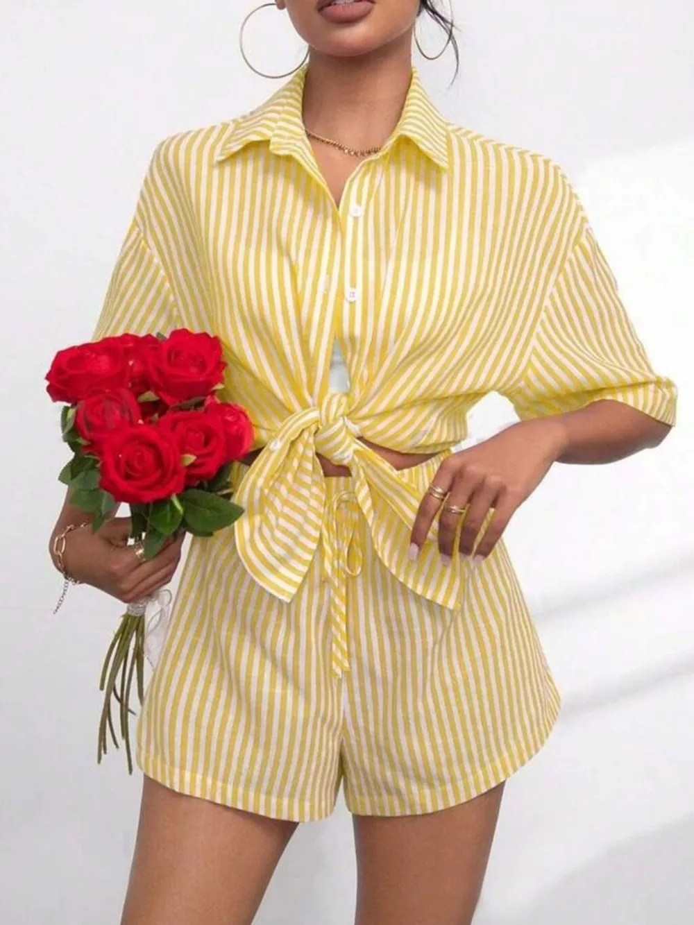 Striped Button Up Shirt and Shorts Casual Set, image 11