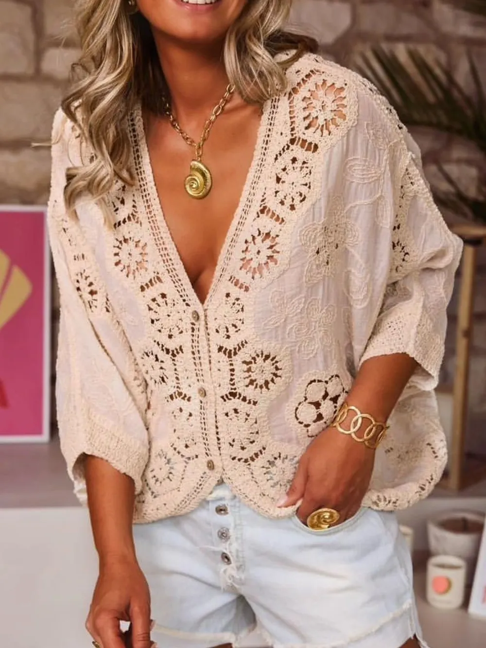 Crochet Lace V-Neck Blouse