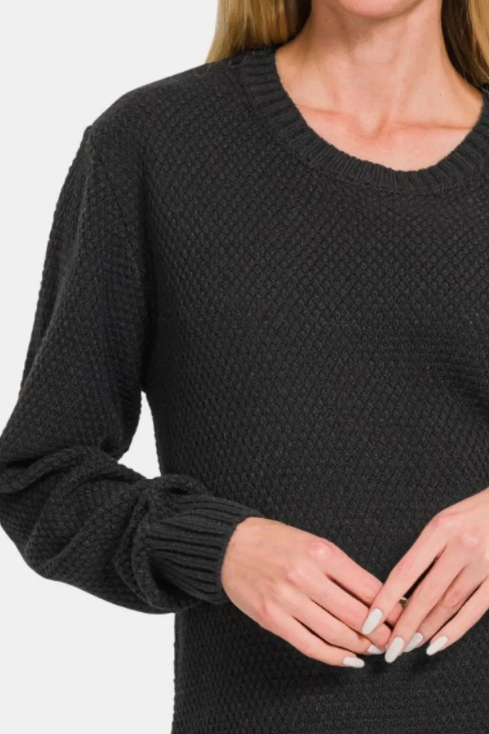 Full Size Round Neck Long Sleeve Curved Hem Sweater, image 3