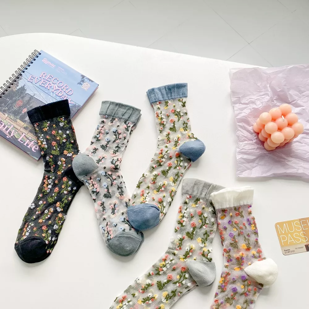 Floral Sheer Crew Socks 5 Pair Set, image 3