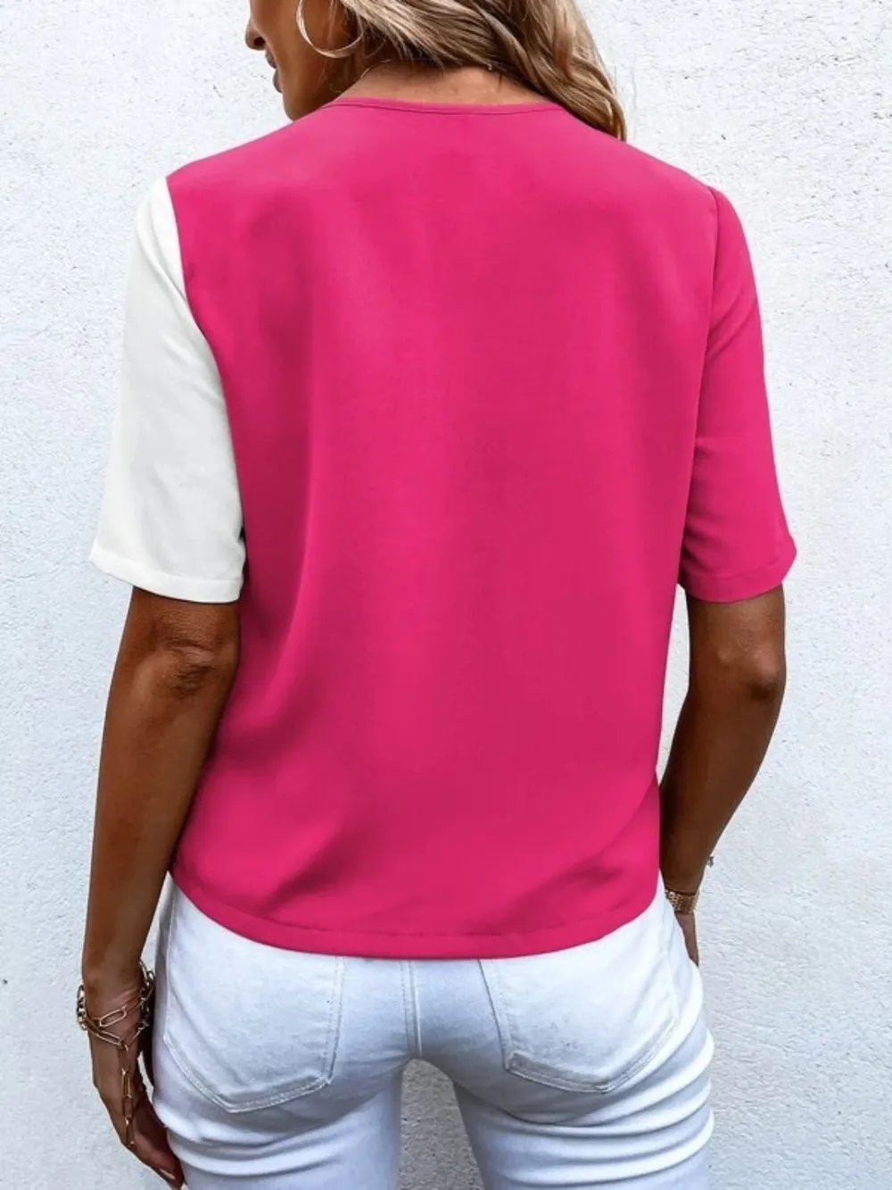 Decorative Button Surplice Short Sleeve Blouse, image 8