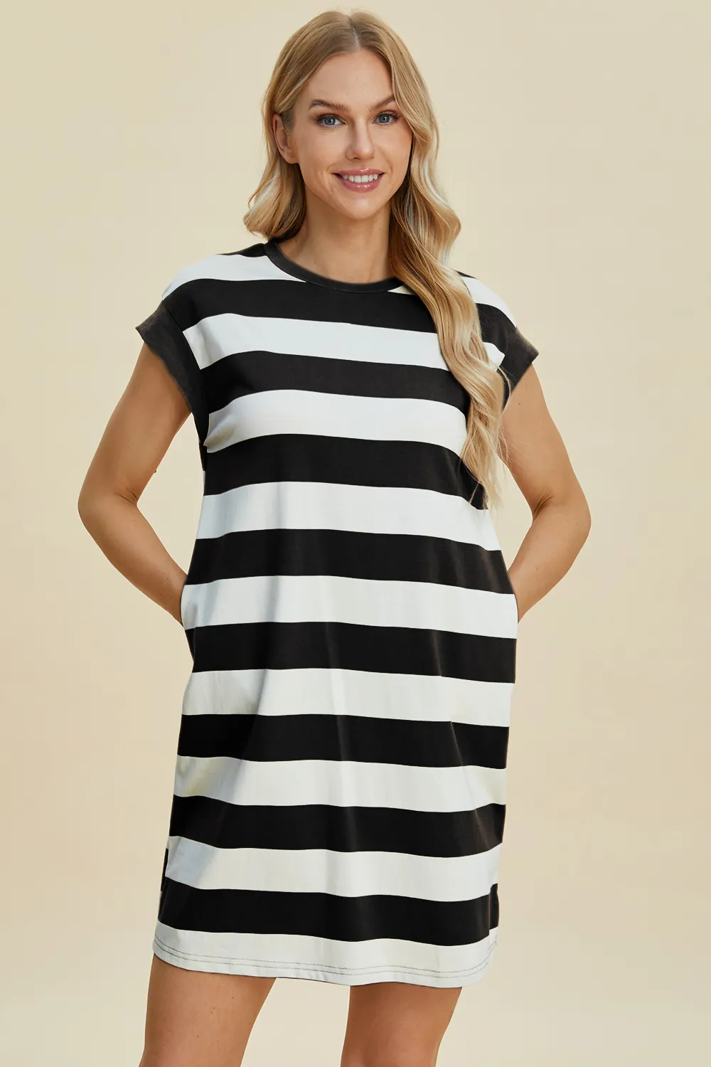 Full Size Striped Round Neck Cap Sleeve Mini Dress, image 14