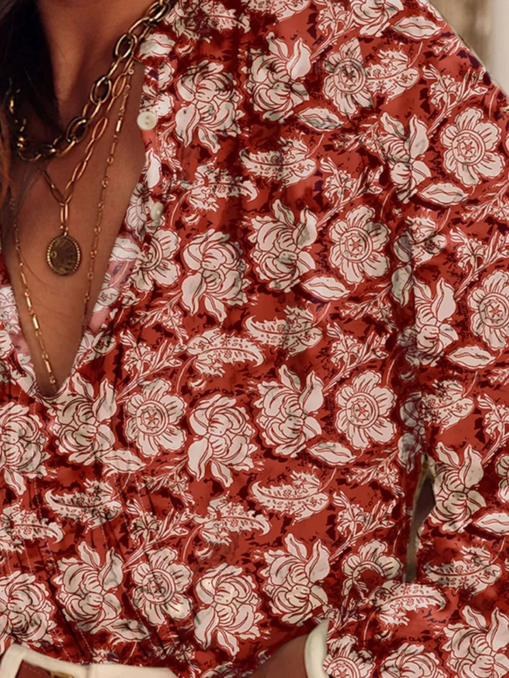 Floral Print Split Neck Pleated Long Sleeve Blouse, image 2