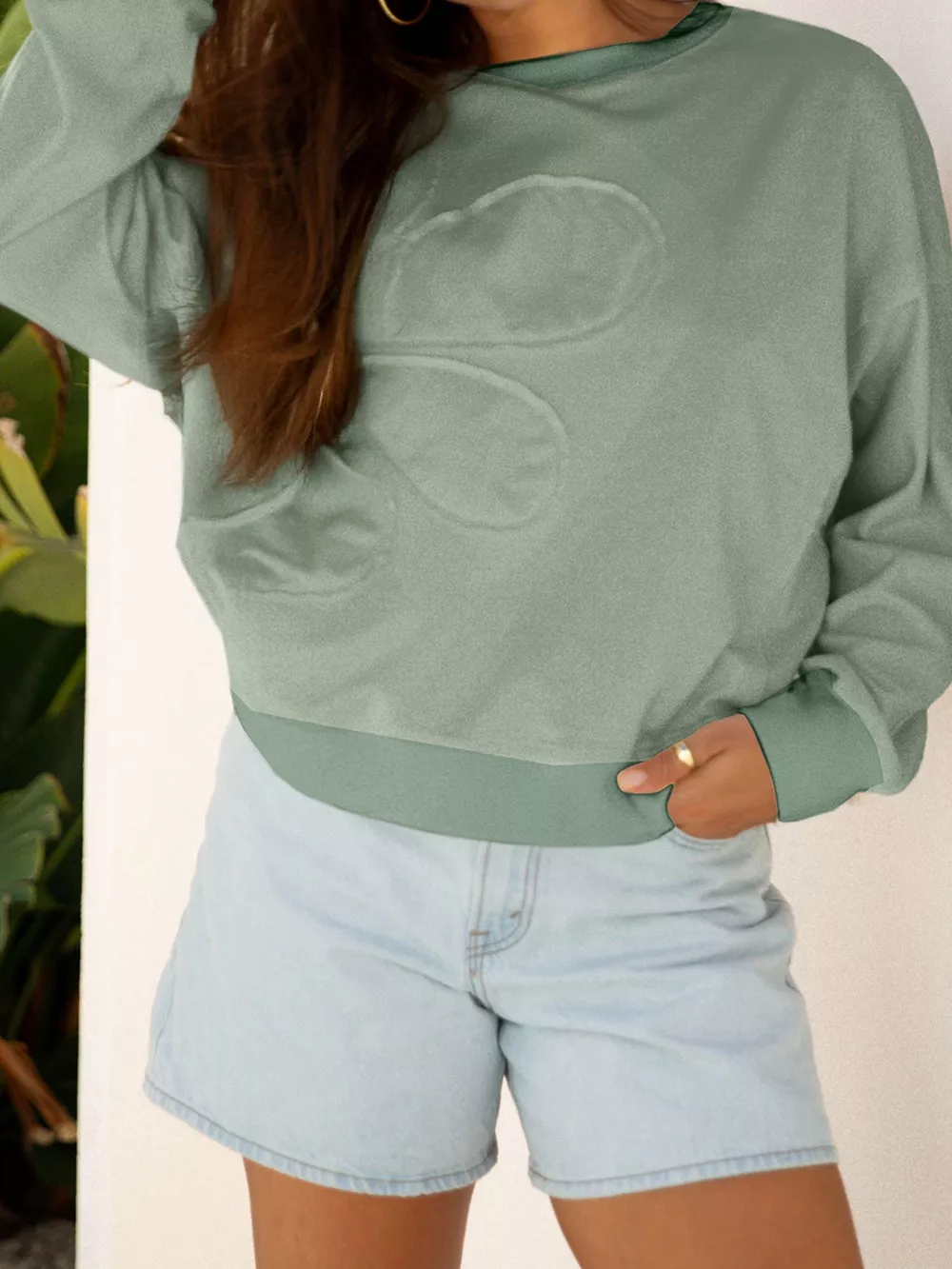 Raw Edge Flower Patch Drop Shoulder Casual Top, image 8