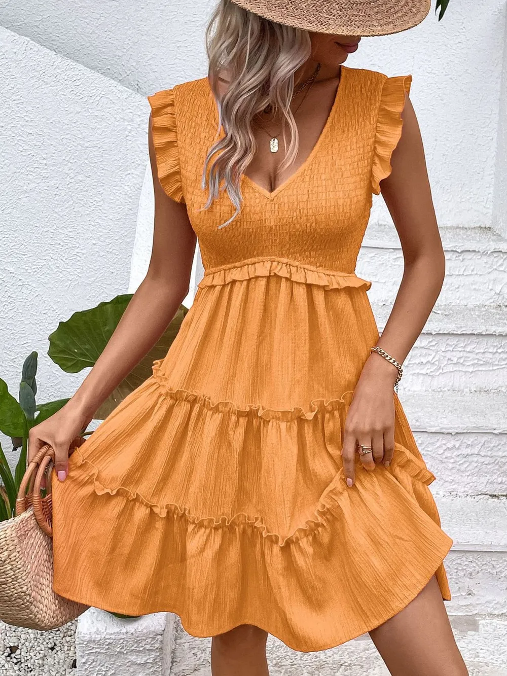 Ruffled V-Neck Cap Sleeve Dress, image 6